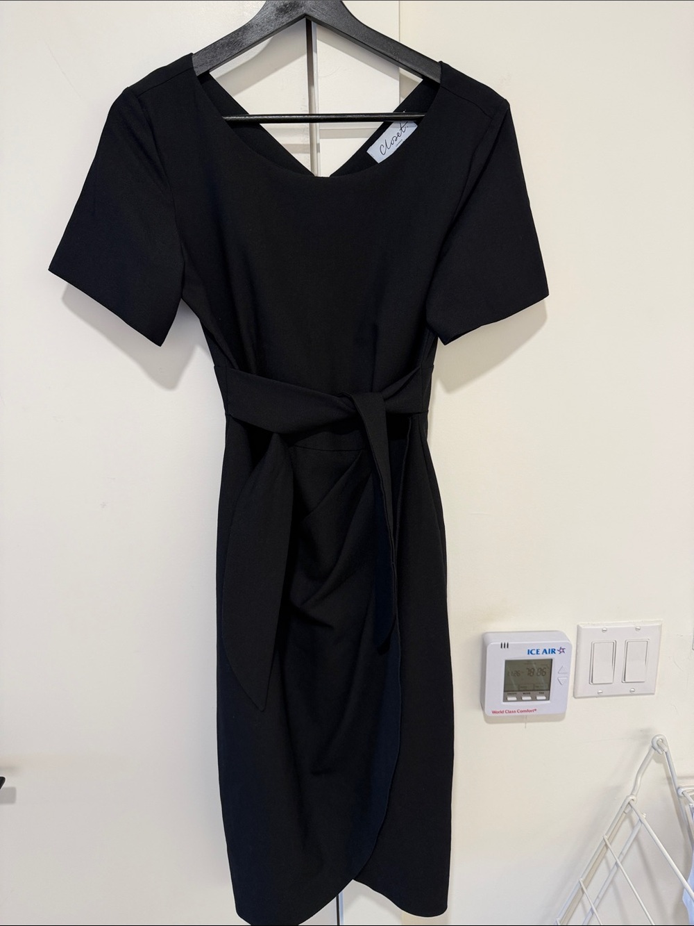 Closet Black Midi Dress with Waist Tie and Short Sleeves